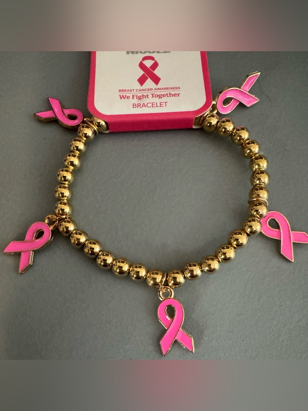 Breast Cancer Awareness Pink Ribbon Gold Beaded Bracelet